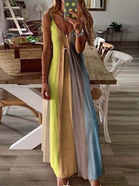 Women's Sleeveless V-neck Gradient Printed Maxi Slip Dress