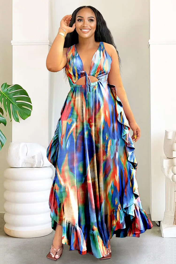 Pattern Print Cami V Neck Cutout Ruffle Irregular Hem Tied Up Vacation Maxi Dress 
