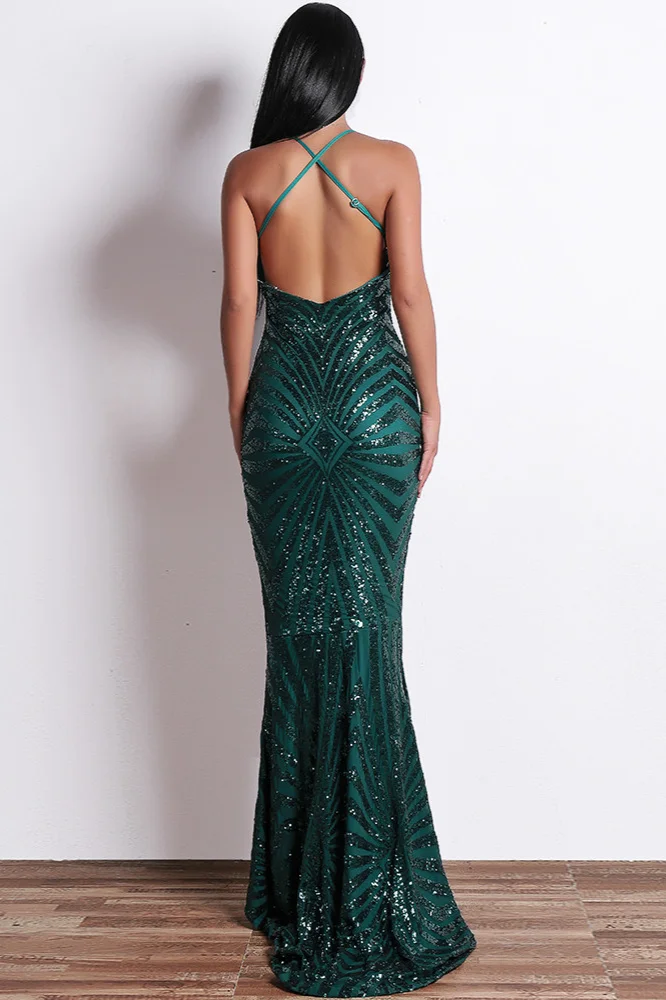 Chic V-Neck Mermaid Prom Dress Sequins Evening Gowns Spaghetti-Straps