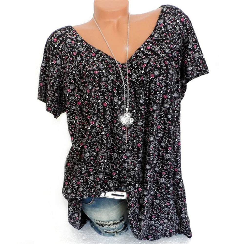 Brownm Summer V-neck Digital Printing Loose Short-sleeved Printed T-shirt Top