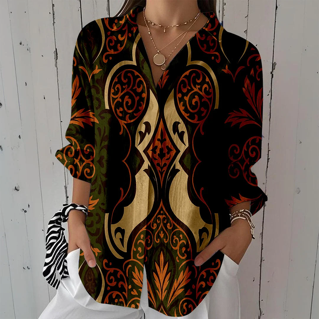 Style & Comfort for Mature Women Women Tropical, Brown, Khaki DZCL0153 3/4 Sleeve Shirt Collar Printed Button Tops