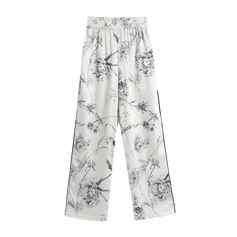 TRAF Women Chic Fashion Floral Print Wide Leg Pants Vintage High Elastic Waist Side Pockets Female Trousers Mujer