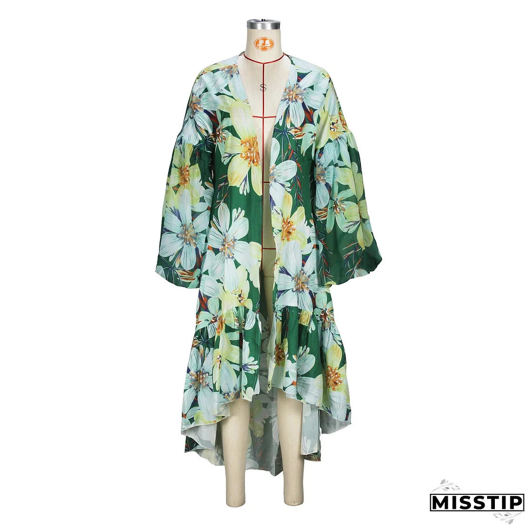 Casual Spring and Autumn Women's Lantern Sleeve Irregular Long Printed Coat
