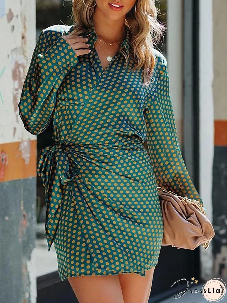 Dresses Lapel Polka Dot Print Belted Long Sleeve Dress for Women