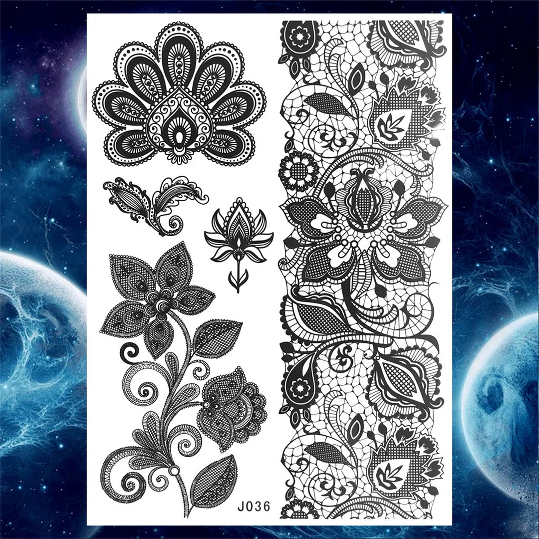 Lace Butterfly Temporary Tattoos For Women Girls Kids Tribal Black Henna Tattoo Sticker Mandala Flower Fake Jewelry Tatoos Adult