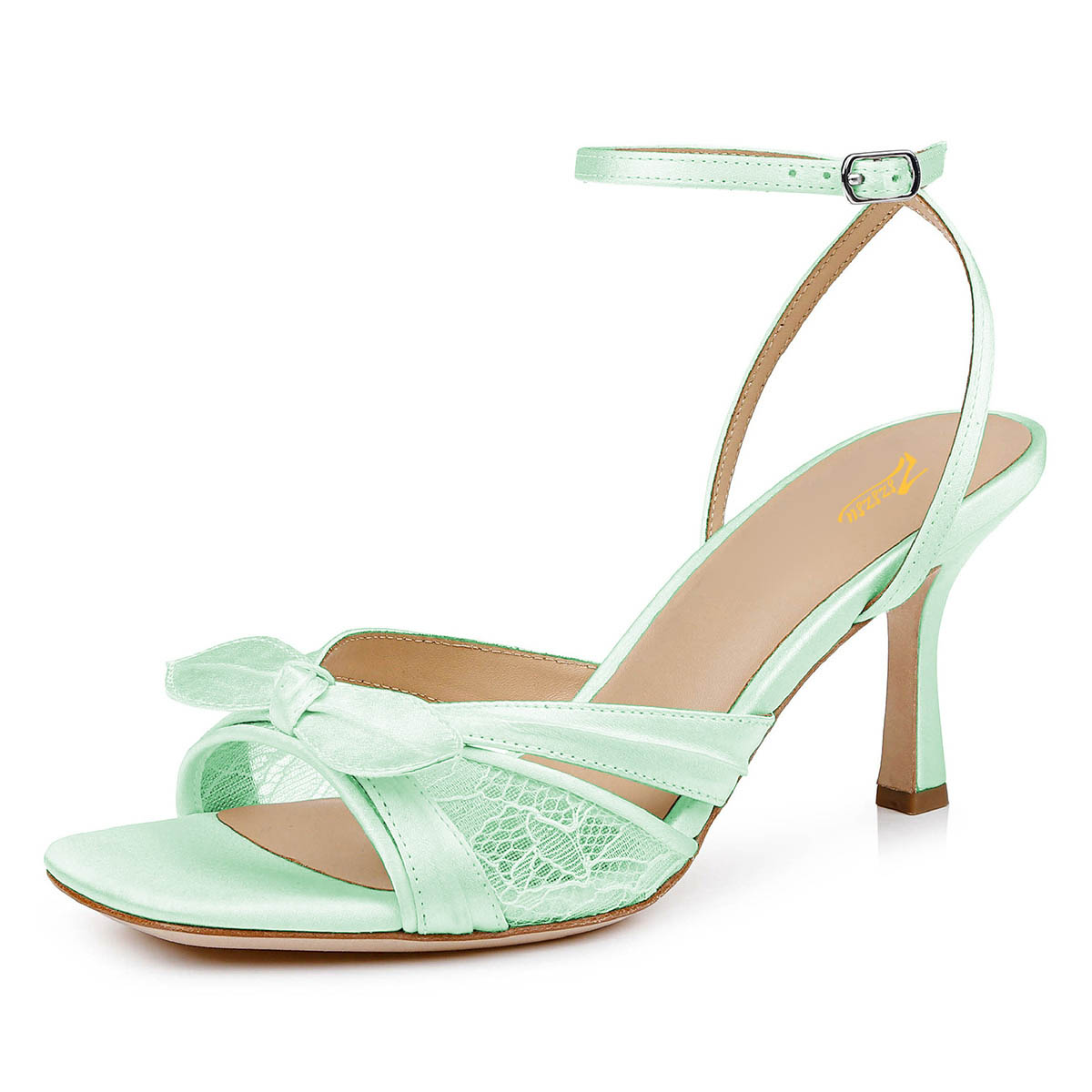 Green Square Toe Buckle Ankle Strap Women's Heel Sandals with Bow Nicepairs