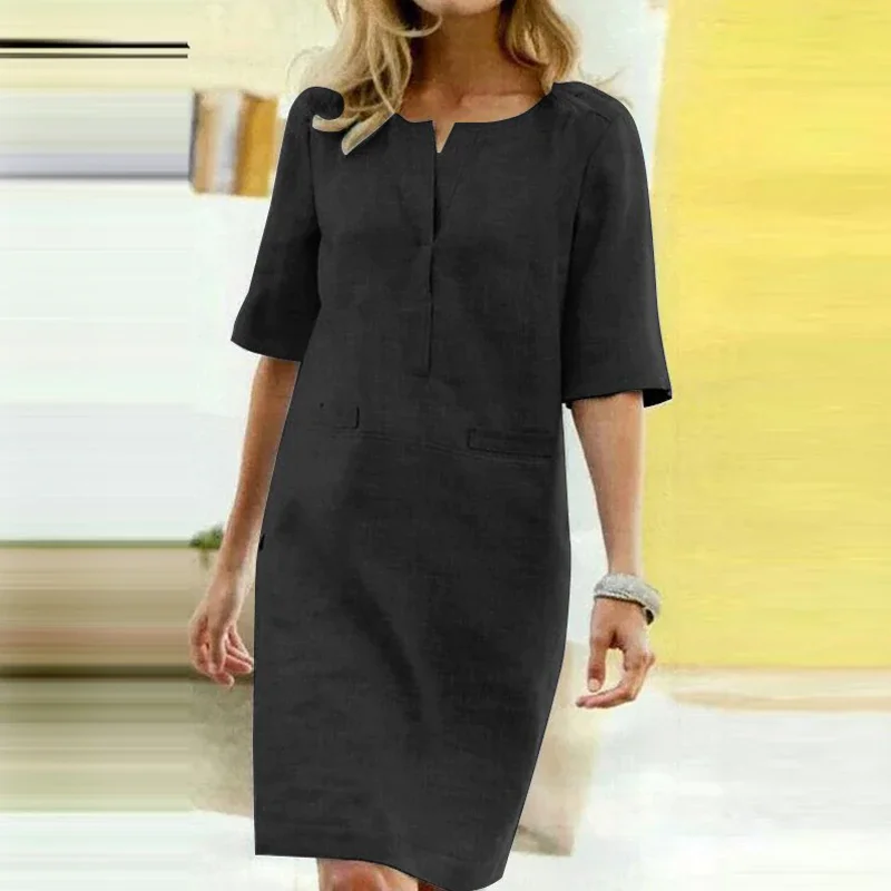 Billionm Color Button O Neck Cotton Linen Summer Dress Women Vintage Short Sleeve Pocket Knee Dress Casual Loose Plus Size Dresses