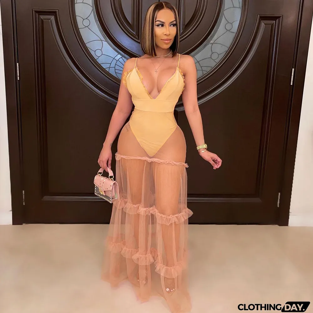 V-neck Solid Color Suspender Dress With Mesh Stitching Wood Ears