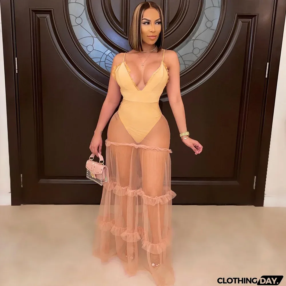 V-neck Solid Color Suspender Dress With Mesh Stitching Wood Ears