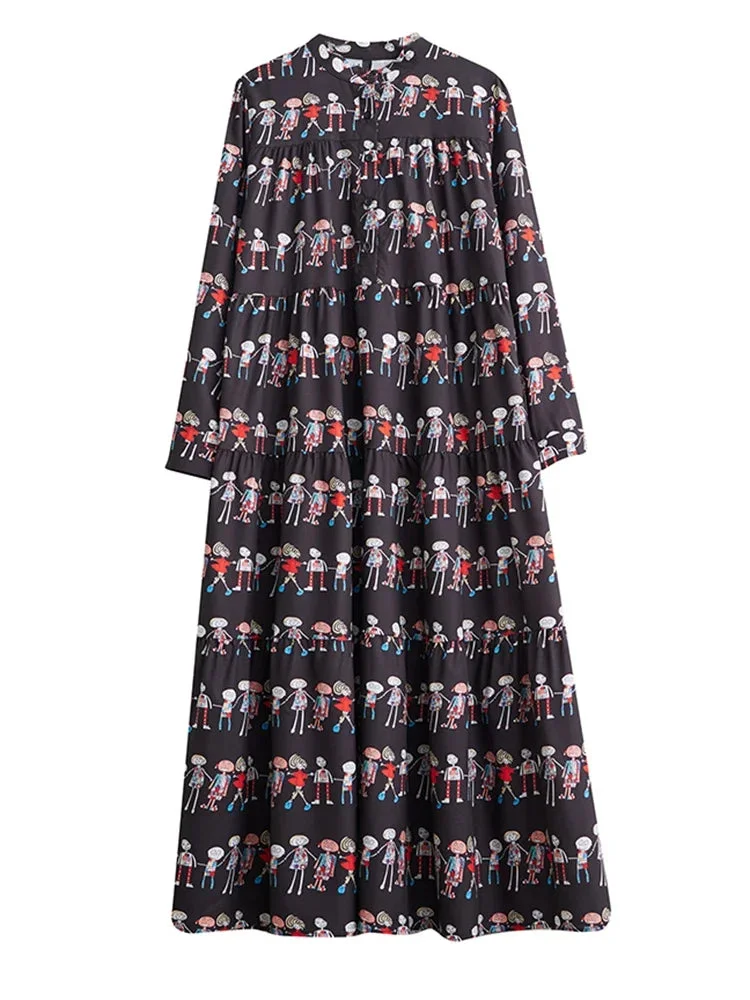 Nncharge Loose Print Irregular Dress Casual Fashion Slimming All-match Women Autumn New Long Sleeve Stand Collar Dress HQQ1908