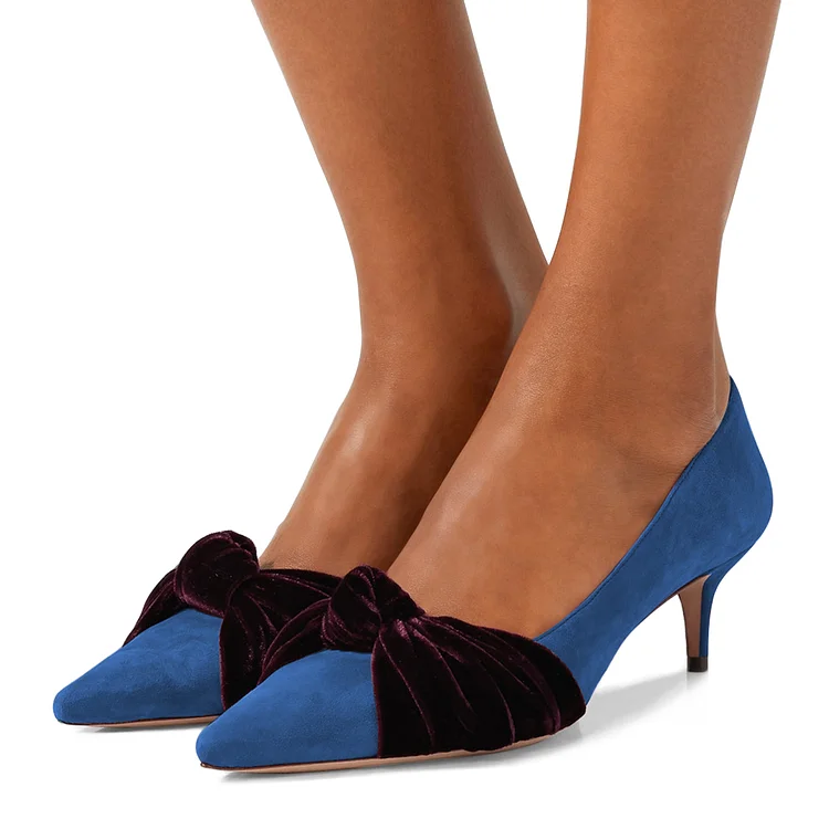 Blue Vegan Suede Knot Pointy Toe Kitten Heels Pumps for Women |FSJ Shoes