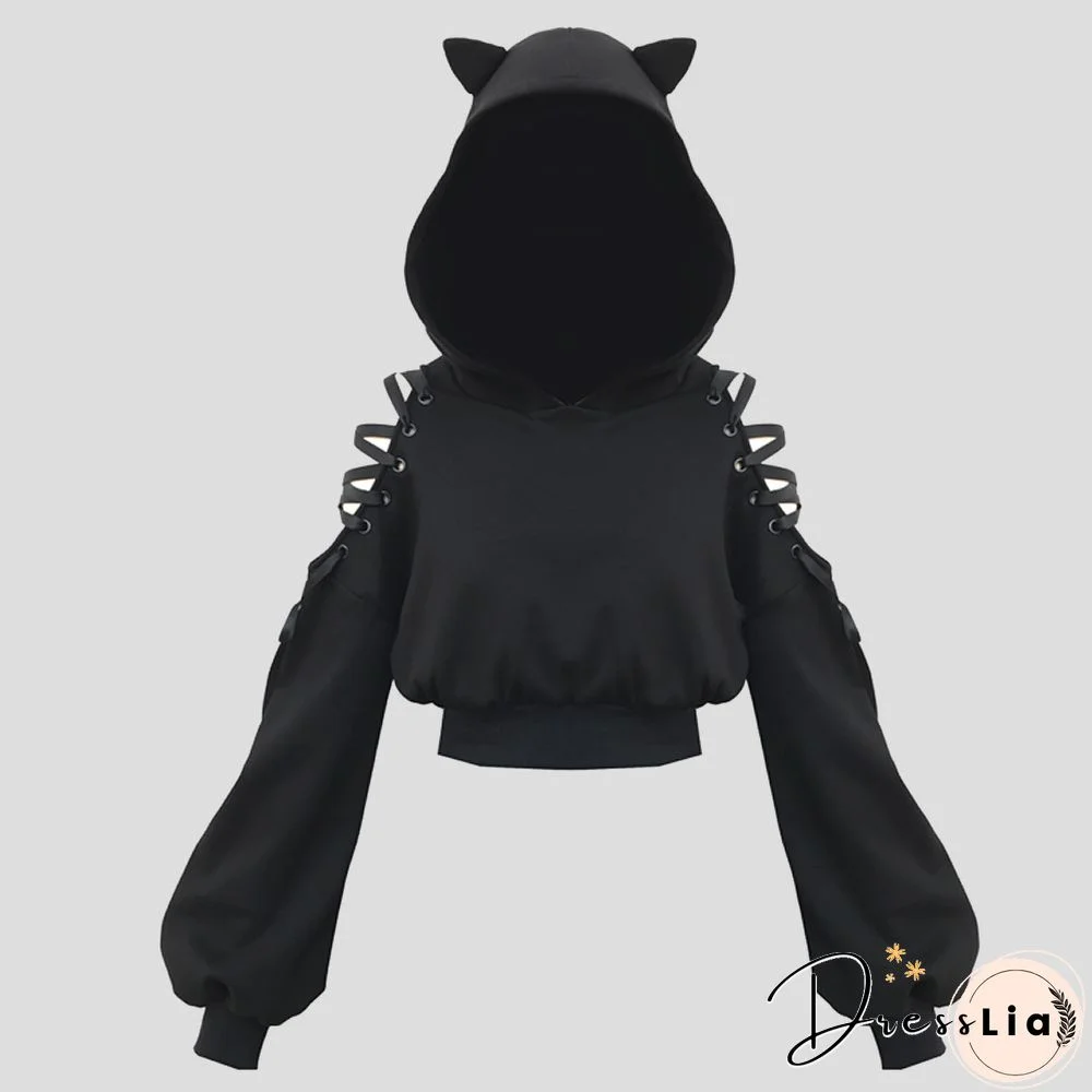 Solid Color Strapless Cat Ear Hoodie