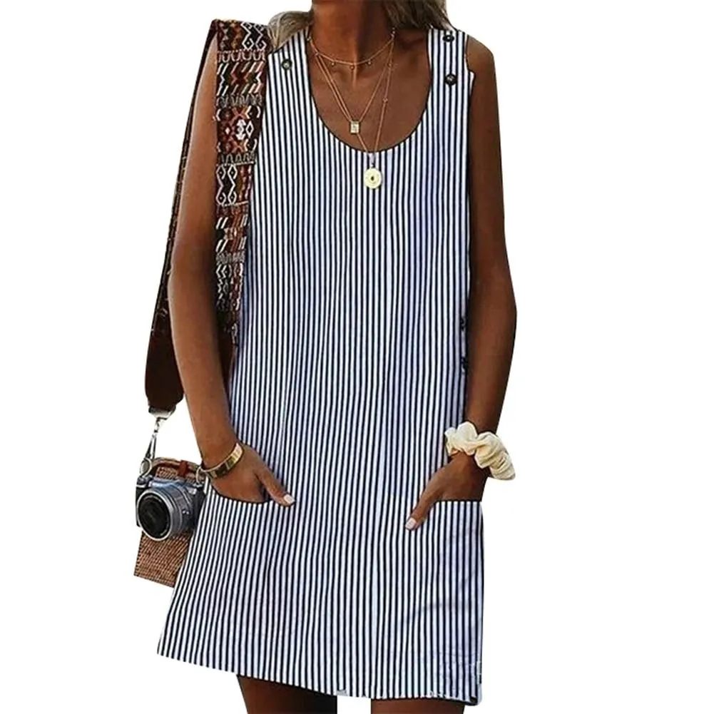 5XL Mini Summer Dress Women Summer Plus Size Striped Loose Sleeveless Mini Dress with Pockets Ladies Holiday Party Sundress