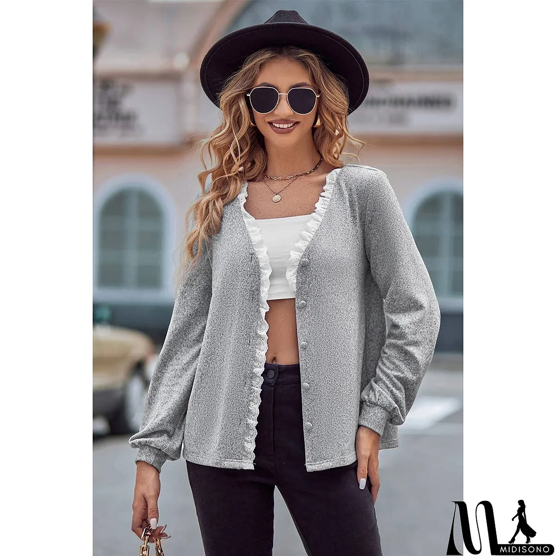 MidiSono - Front Open Button Lace Trim Fit V Neck Top