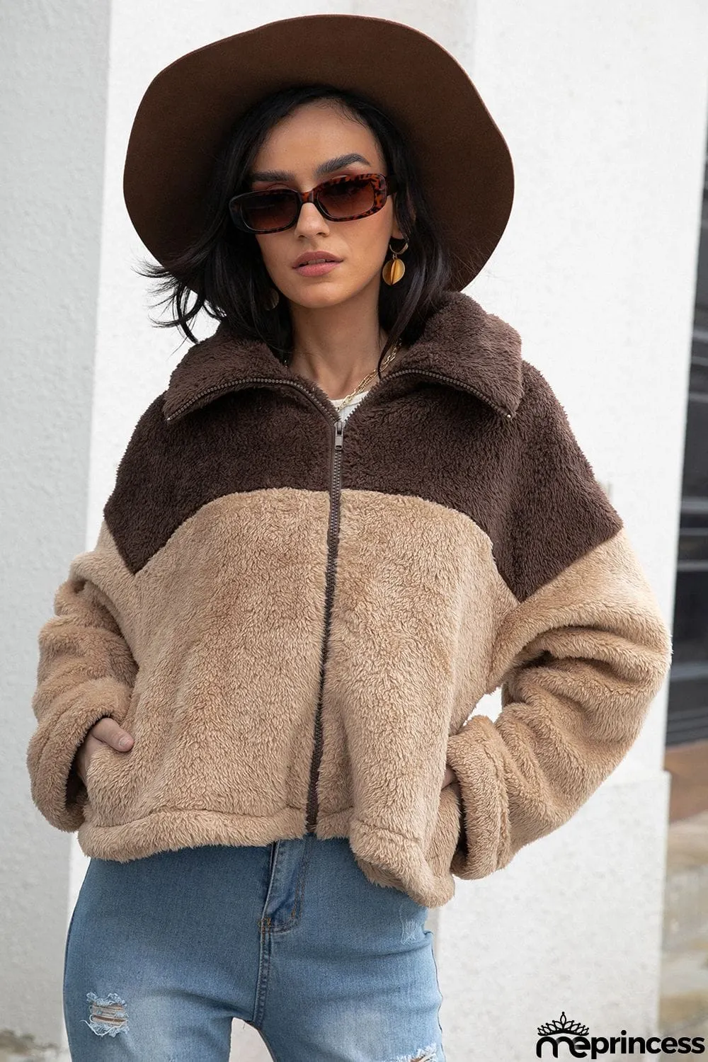 Two-Tone Collared Neck Fuzzy Jacket