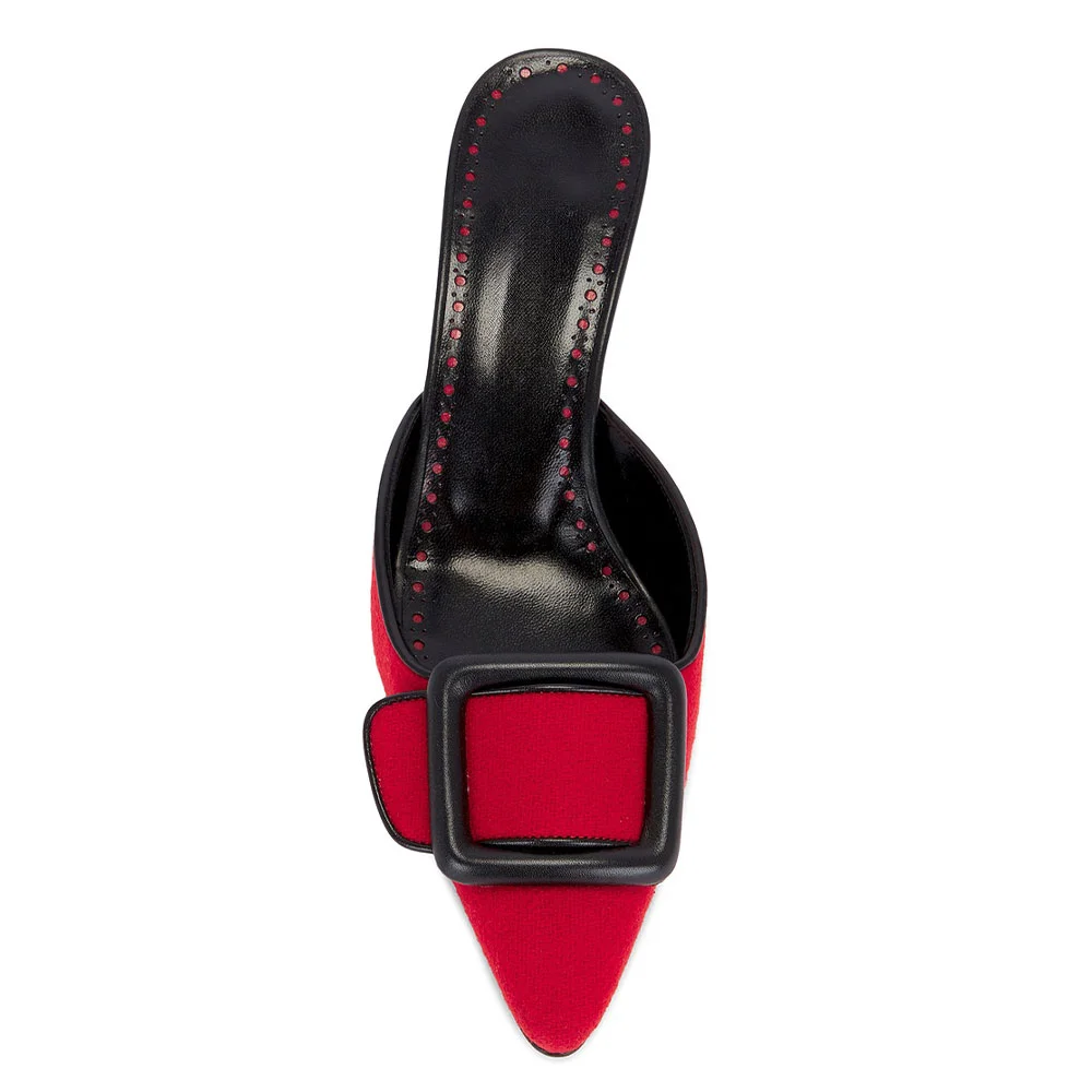 Women's Red Kitten Heel Pointy Toe Mules Shoes with Buckle Decor