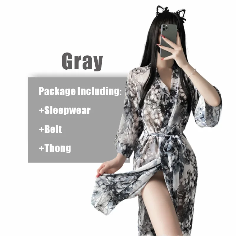 Billionm Japanese Kawaii V Neck Women Kimono Sleepwear Printing Chiffon Cardigan Bow Lace Up Cosplay Costumes For Lady Outfit Perspective