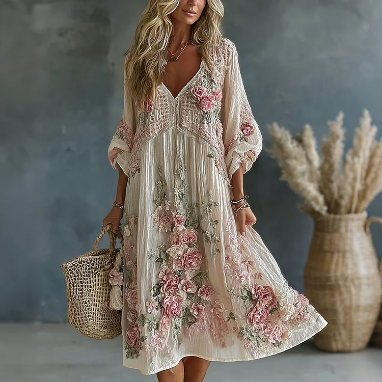 Women's Vintage Retro Floral Art Flowy Linen Blend Casual Long Sleeve Maxi Dress