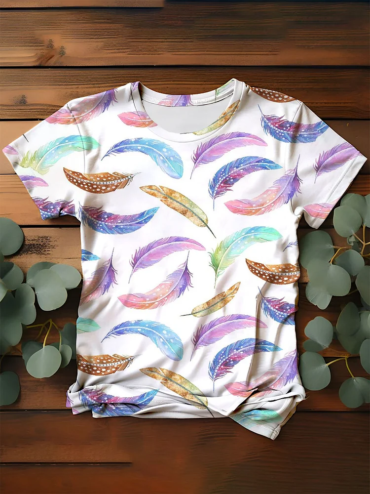 Women's Colorful Feather Round Neck T-Shirt socialshop