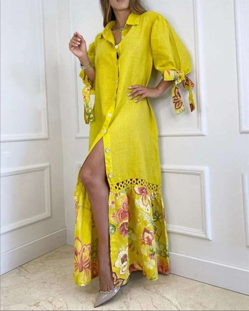 Lace Patchwork Lace Up Shirt Dress