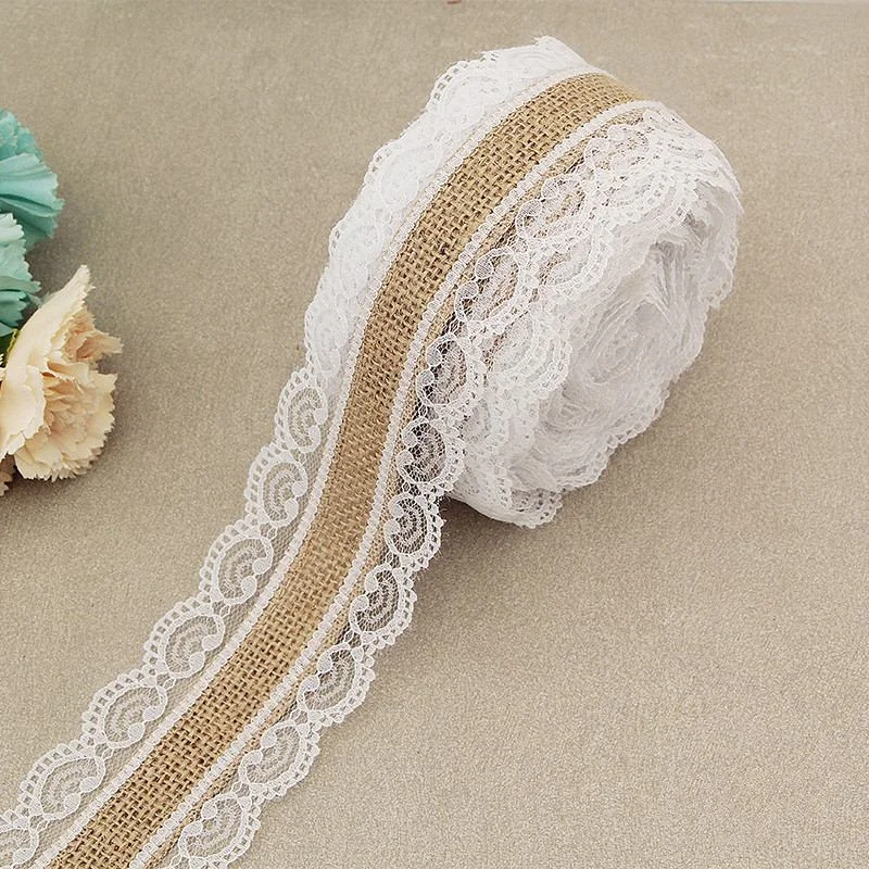 2Meter/Lot 25mm Natural Jute Burlap Hessian Lace Ribbon with White Lace Trim Edge Rustic Vintage Wedding Centerpieces Decor