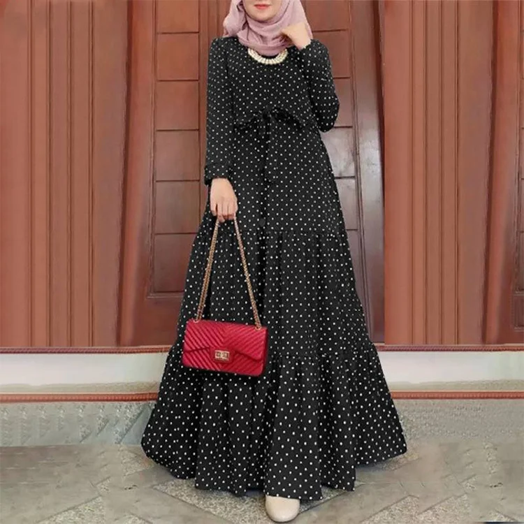 Vintage Polka-Dot Long Sleeve Round Neck Maxi Dress