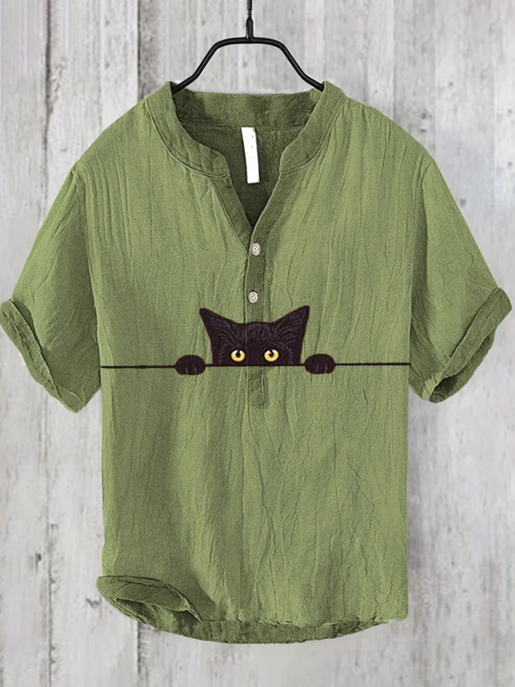 Japanese Art Black Cat Print Cotton Blend Shirt