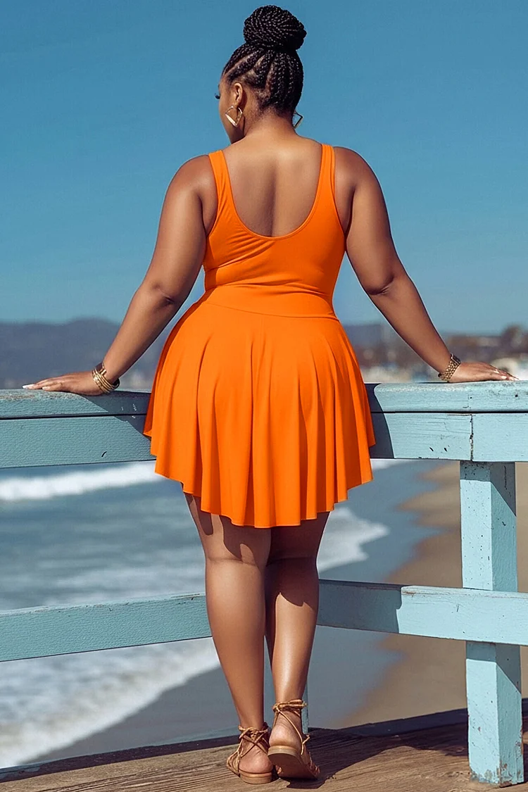 Xpluswear Design Plus Size Beach Orange Round Neck Ruffle Swimsuit Fabric Swimwear Dress [Pre-Order]