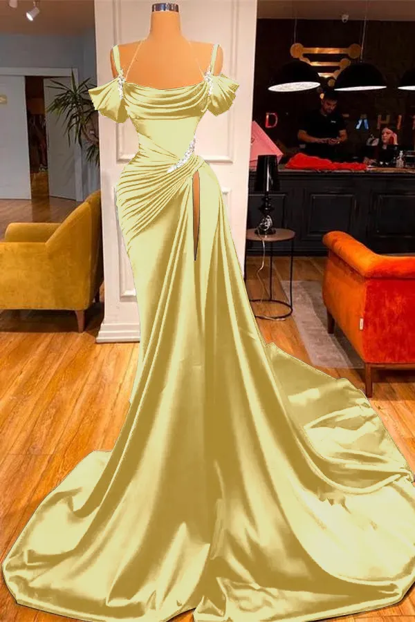 Green Off-the-Shoulder Prom Dress with Long Slit and Pleated Detail