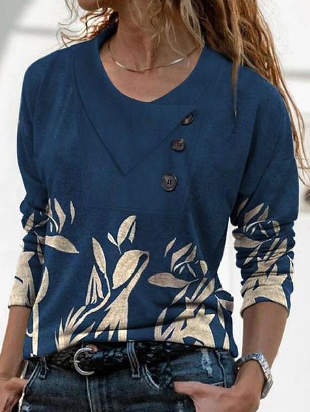 Mature Women's T-shirt Button Fashion Casual Printed Long Sleeve Tops