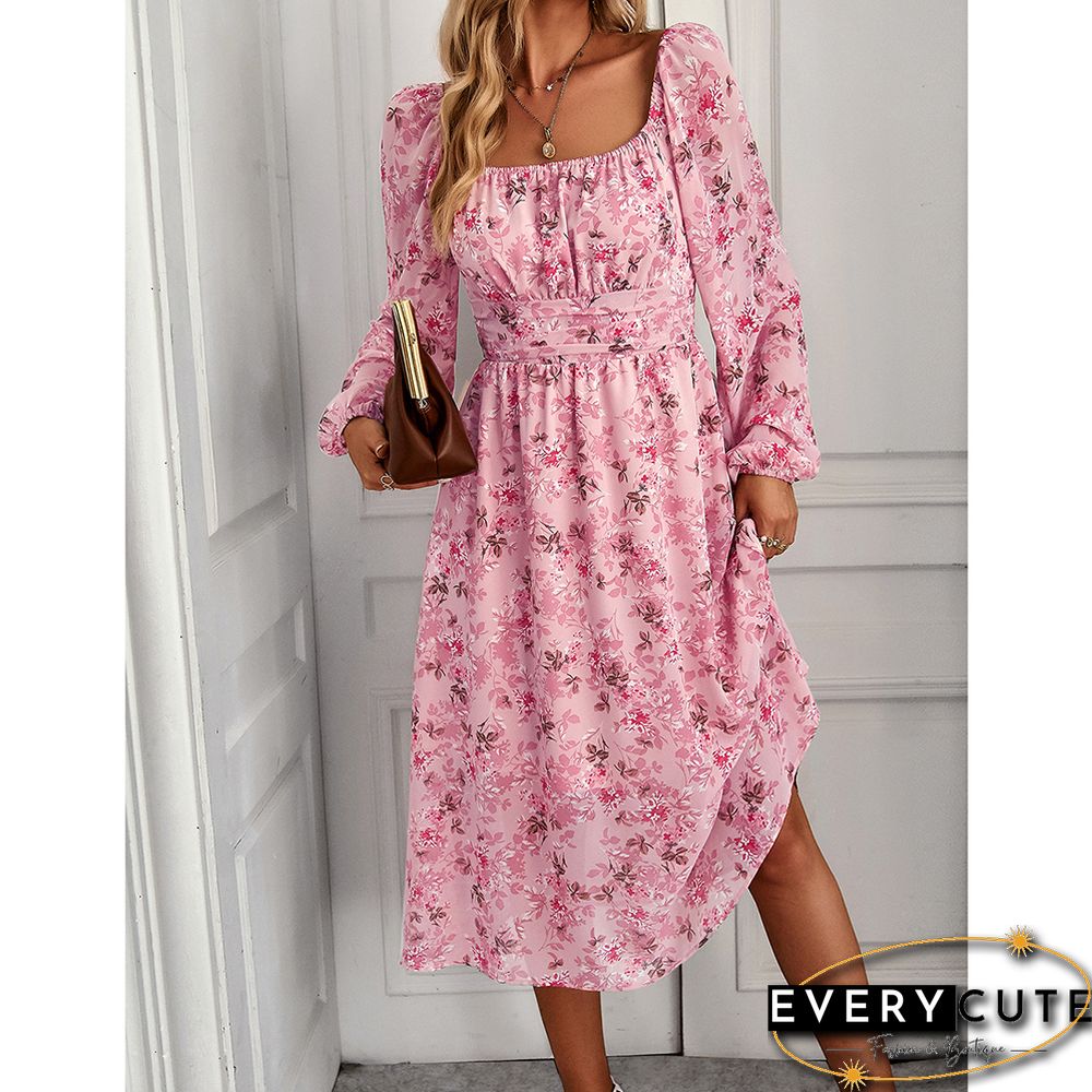 Pink Square Neck Back Pleated Chiffon Floral Dress