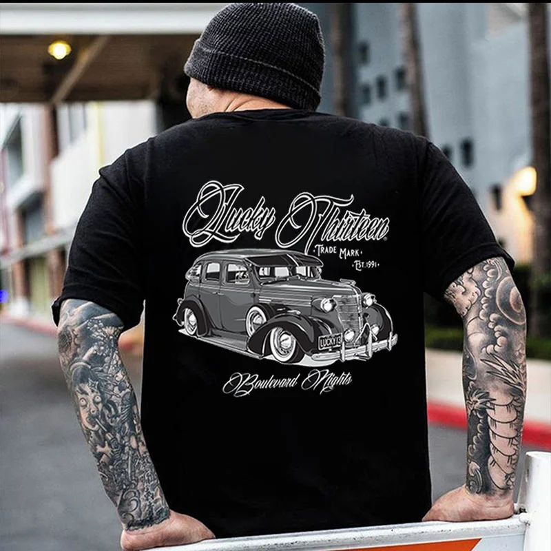 LUCKY THIRTEEN TRADE MARK Classic Car Print Men's T-shirt