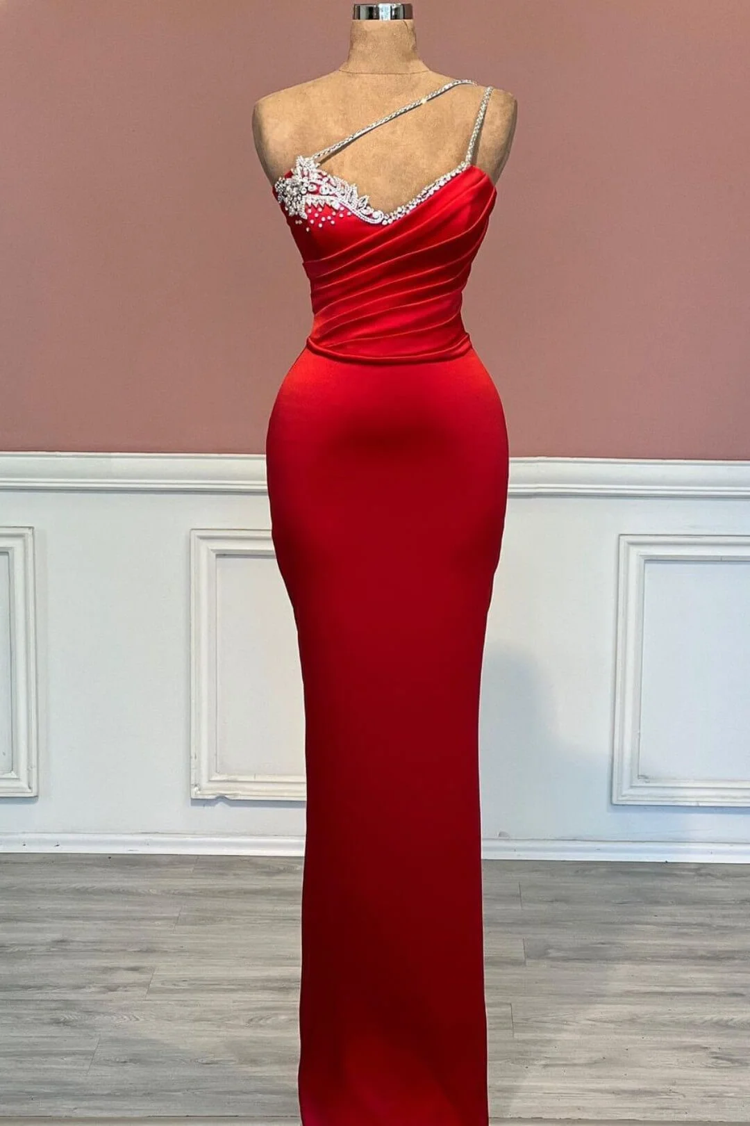 Bellasprom Red One Shoulder Prom Dresses Mermaid Sleeveless With Beads