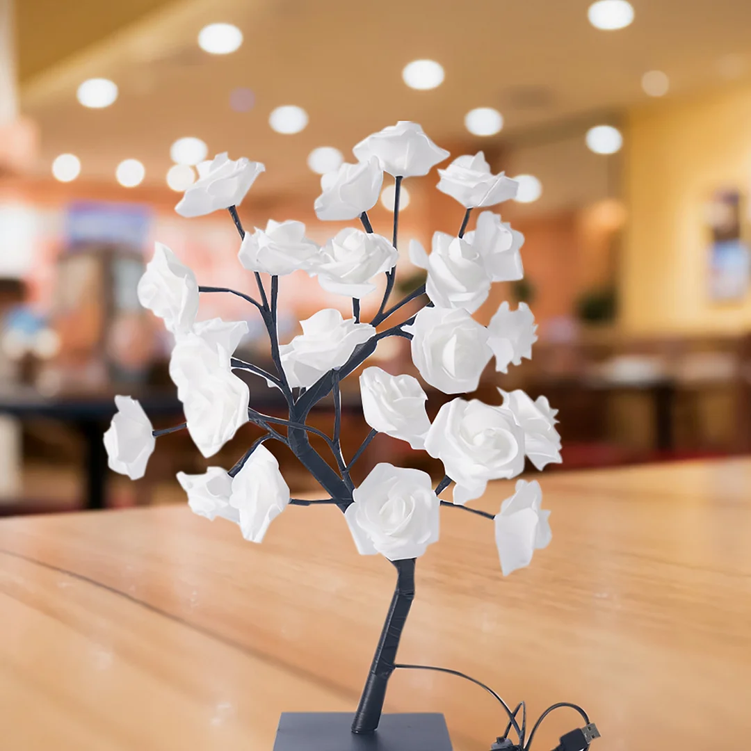 Table Flower Tree Rose Lamp Fairy Bonsai Tree Desk Light for Women (White)