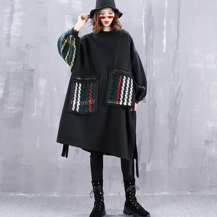 boutique black coat plus size O neck patchwork maxi t shirts women pockets side open tops