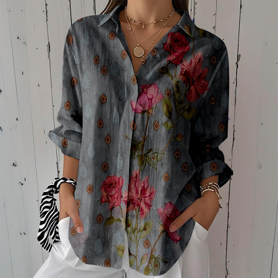 Women Long Sleeve V-neck Graphic Floral Printed Top