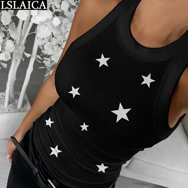 Summer women T-shirt sleeveless solid color Pentagram print casual t shirt women knitted slim wild office fashion T-shirt female