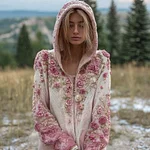 Vintage Boho Pink Roses Embroidered Comfy Knit Hooded Cardigan - Image 2