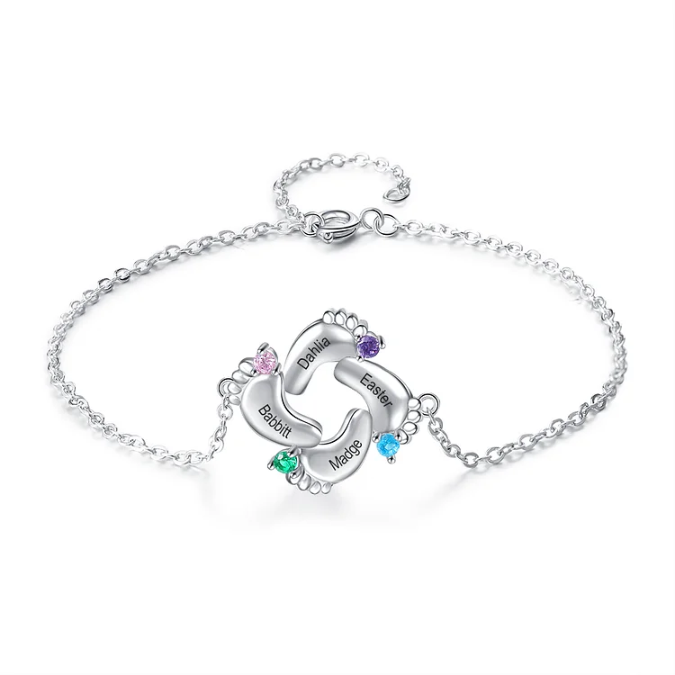 Baby Feet Pendant Bracelet with 4 Birthstones Engraved 4 Names