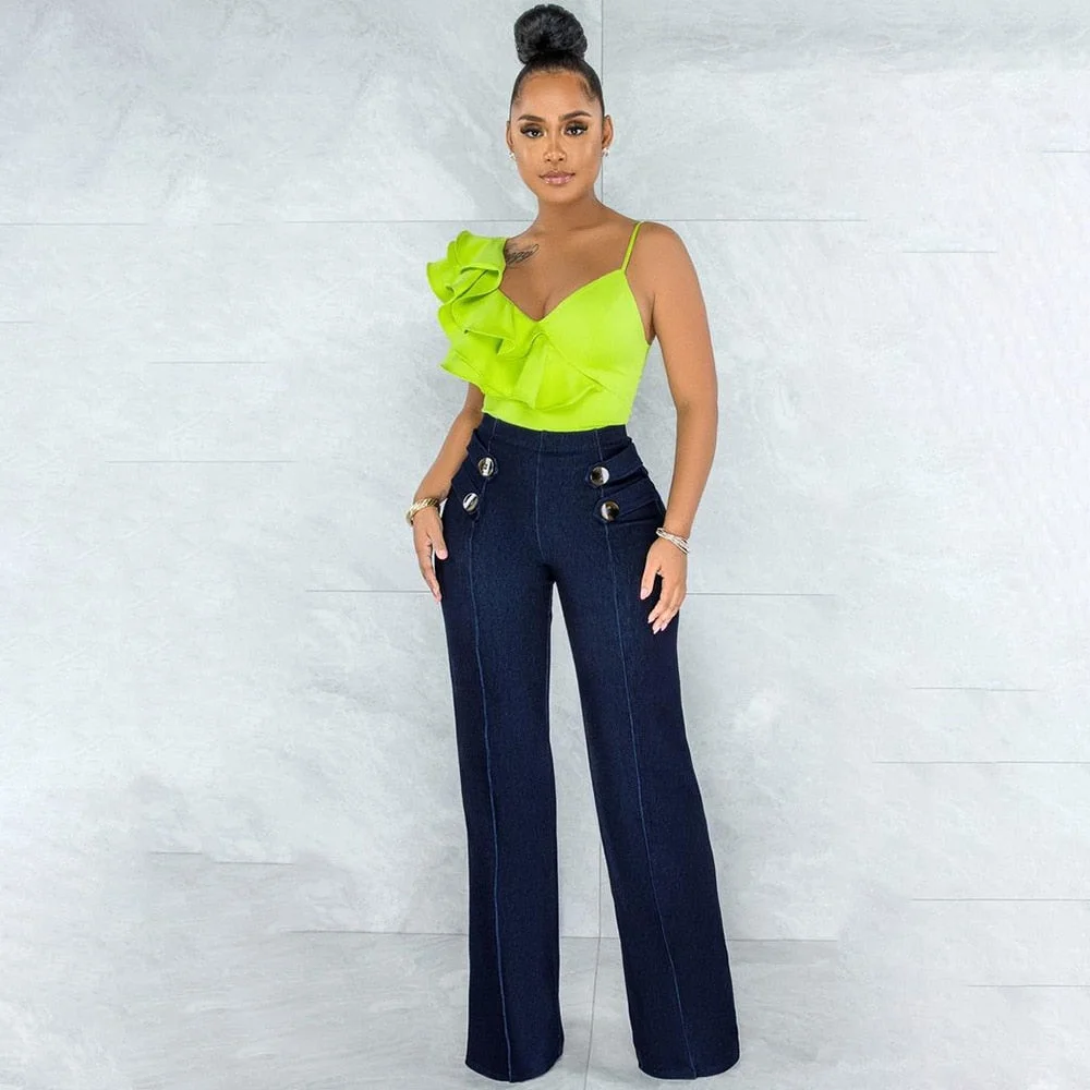 CM.YAYA Women Camis Solid Ruffles Spaghetti Strap V-neck Tops Sexy Night Club Clothing Summer Fashion Top Tees Female 2021