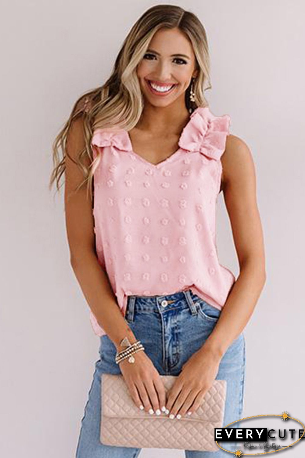 Pink Swiss Dot Woven Sleeveless Top With Ruffled Straps