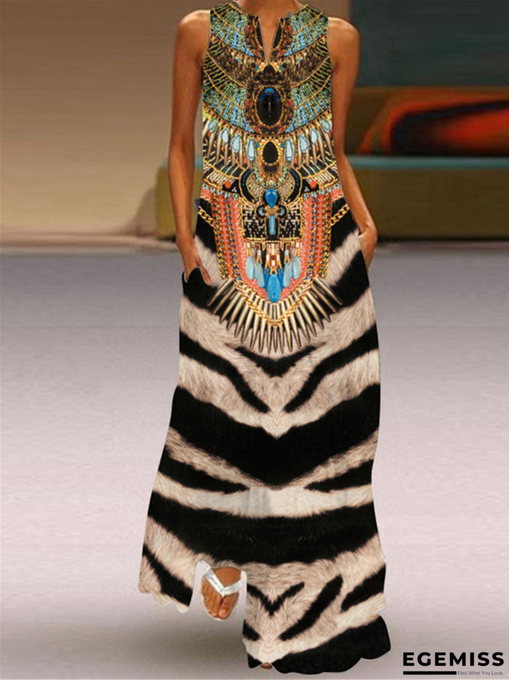 Digital Printed V-neck Sleeveless Dress Pocket | EGEMISS