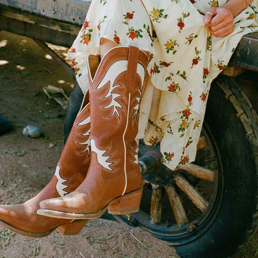 Brown Snip Toe Chunky Heel Stitching Mid Calf Western Boots for Women