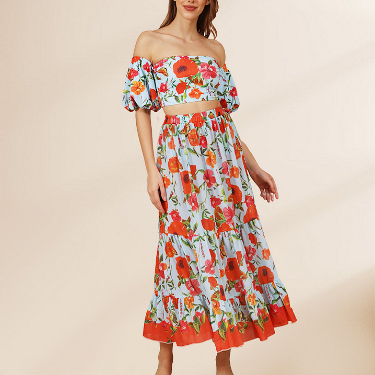Floral Print Bikini Swimsuit and Skirt Flaxmaker