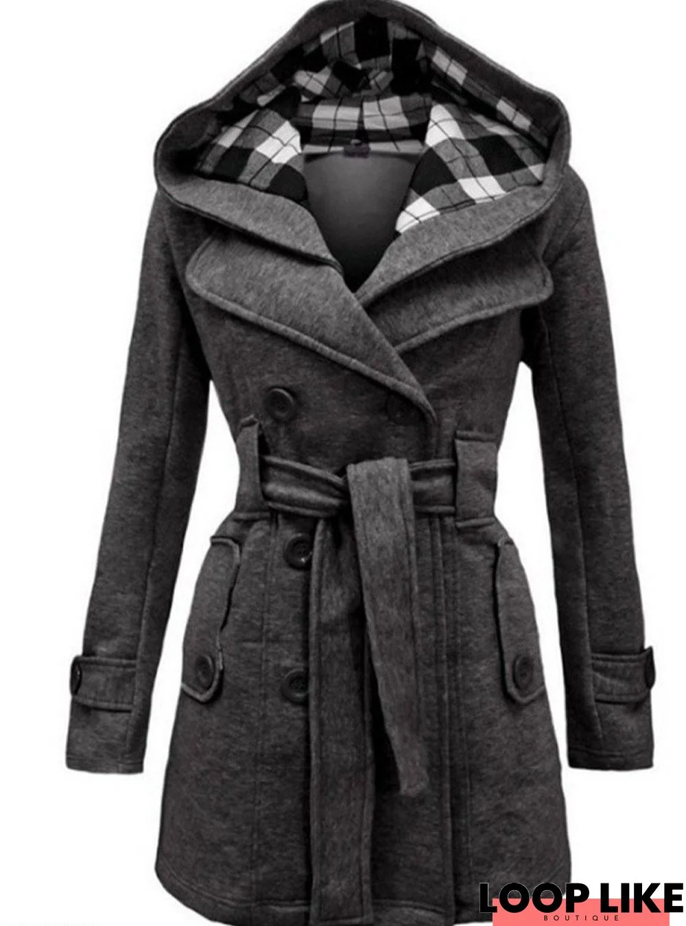 Checked Hooded Woolen Coat with Long Belt