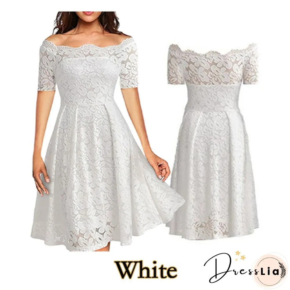 New Fashion Women Off Shoulder Slim Fit Lace Dress Elegant Strapless Short Sleeve Cutout
