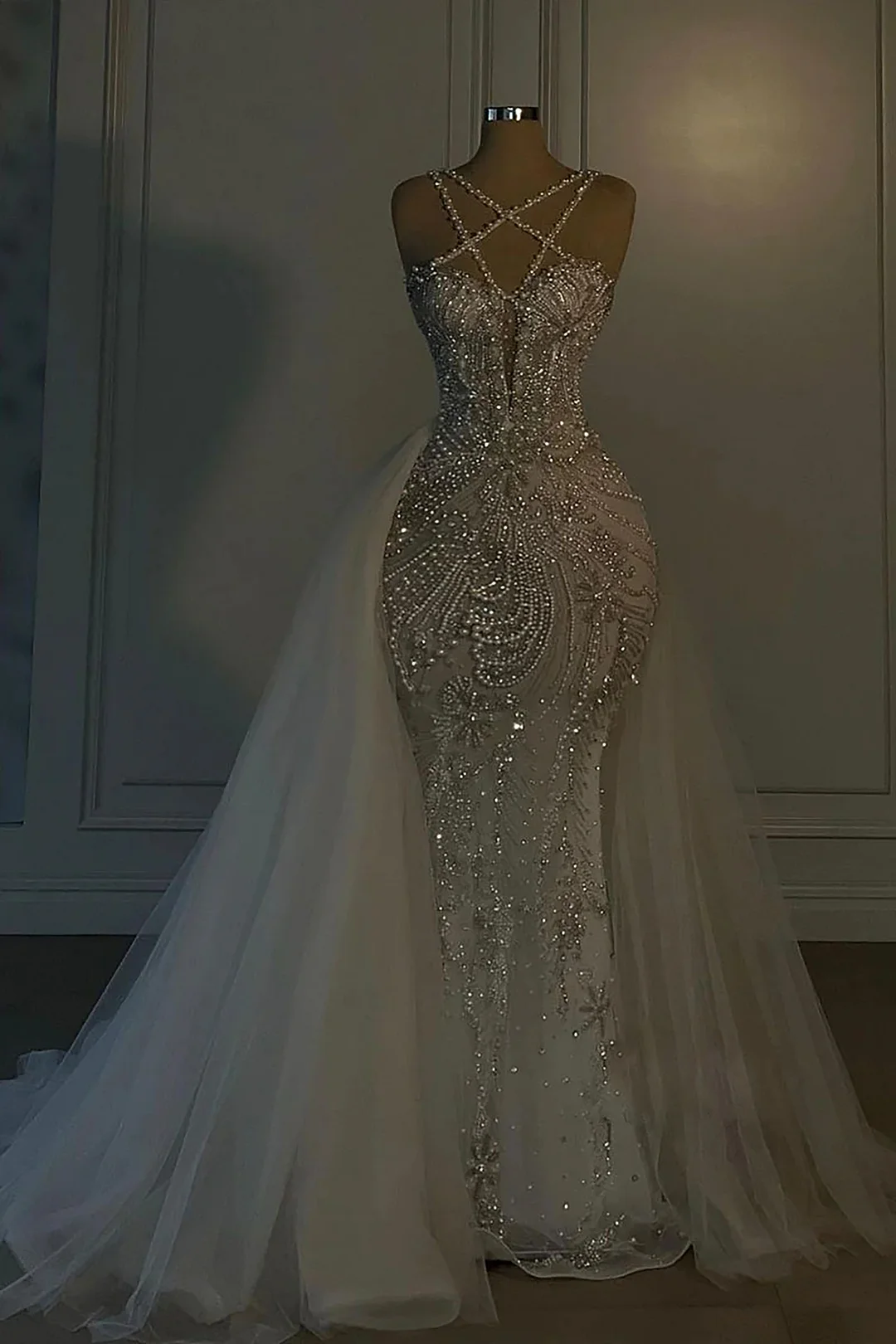 Lisliy Heavy Wedding Dress Long Mermaid V Neck Spaghetti Strap With Beadings 