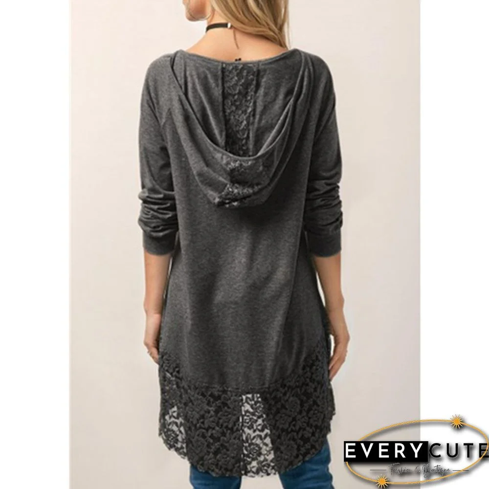 Women Fashion Solid Color Hoodies Long Sleeved T-shirt Autumn Lace Hooded Sweater Plus Size