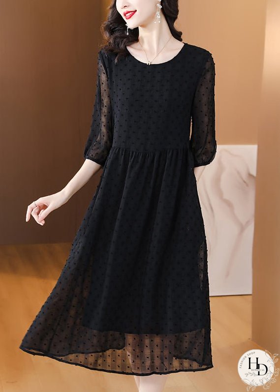 Style Black O Neck Jacquard Chiffon Long Dresses Lantern Sleeve