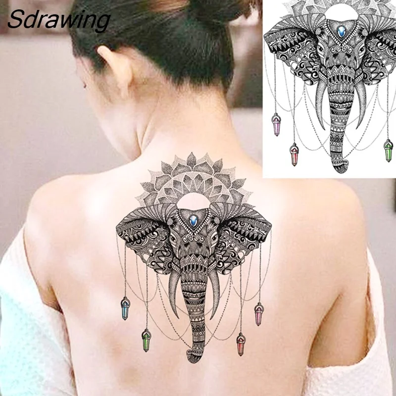 Sdrawing Henna Temporary Tattoos For Women Girls Feather Butterfly DreamCatcher Fake Gem Tattoo Sticker Chest Arm Tatoos Tribal 328-1